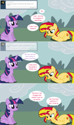 Size: 1280x2168 | Tagged: safe, artist:hakunohamikage, sunset shimmer, twilight sparkle, twilight sparkle (alicorn), alicorn, pony, ask, ask-princesssparkle, bandage, prone, tumblr, vector