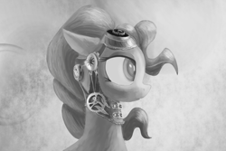 Size: 1500x1000 | Tagged: safe, artist:qweeli, pinkie pie, earth pony, pony, glasses, grayscale, mechanism, monochrome, solo, steam, steampunk