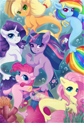 Size: 1650x2400 | Tagged: safe, artist:serenity, derpibooru import, applejack, fluttershy, pinkie pie, rainbow dash, rarity, twilight sparkle, twilight sparkle (alicorn), alicorn, pony, seapony (g4), my little pony: the movie, applejack's hat, bubble, coral, cowboy hat, female, hat, horn, horseshoes, looking at you, mane six, seaponified, seapony applejack, seapony fluttershy, seapony pinkie pie, seapony rainbow dash, seapony rarity, seapony twilight, seaweed, species swap, underwater