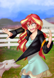 Size: 700x1000 | Tagged: safe, artist:limreiart, sunset shimmer, goat, fanfic:long road to friendship, equestria girls, chewing, clothes, eating, fanfic, fanfic art, fence, grass, human coloration, jacket, open mouth, pulling, shirt, solo