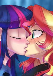 Size: 700x1000 | Tagged: safe, artist:limreiart, sunset shimmer, twilight sparkle, human, fanfic:long road to friendship, equestria girls, eyes closed, fanfic, fanfic art, female, human coloration, humanized, kissing, lesbian, shipping, sunsetsparkle