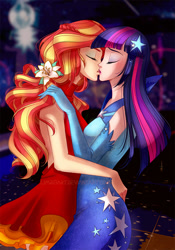 Size: 700x1000 | Tagged: safe, artist:limreiart, sunset shimmer, twilight sparkle, human, fanfic:long road to friendship, equestria girls, backless, blushing, clothes, dress, evening gloves, eyes closed, fanfic, fanfic art, female, flower, flower in hair, gala dress, gloves, human coloration, humanized, kissing, lesbian, long gloves, shipping, sunsetsparkle