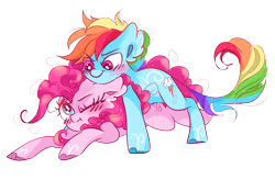 Size: 5000x3288 | Tagged: safe, artist:pinkablue, derpibooru import, pinkie pie, rainbow dash, earth pony, pony, alternate universe, blushing, cute, ear fluff, earth pony rainbow dash, female, lesbian, mare, one eye closed, pinkiedash, race swap, shipping, simple background, smiling, transparent background