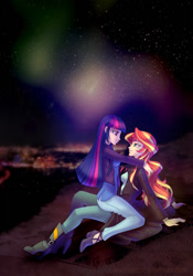 Size: 700x1000 | Tagged: safe, artist:limreiart, sunset shimmer, twilight sparkle, human, fanfic:long road to friendship, equestria girls, aurora borealis, fanfic, fanfic art, female, hug, human coloration, humanized, lesbian, night, shipping, stars, sunsetsparkle