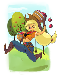 Size: 1933x2527 | Tagged: safe, artist:twitchykismet, applejack, human, action pose, adventure time, apple, basket, boots, clothes, colored skin, cowboy boots, front knot midriff, gloves, humanized, midriff, pony coloring, shoes, solo, working