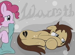 Size: 1500x1110 | Tagged: safe, artist:garlandgala, pinkie pie, oc, oc:heartbreak, earth pony, pony, blanket, blue eyes, branding, cold, curled up, duo, female, gray eyes, heart, heartbreak, hole, human in equestria, human to pony, lying, lying down, male to female, mare, messy mane, my little heartbreak, on side, rule 63, sad, snow, snowfall, sweet, underhoof