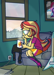 Size: 999x1378 | Tagged: safe, artist:psychodiamondstar, sunset shimmer, equestria girls, clothes, coffee, cup, electric guitar, guitar, mug, sad, shirt, sitting, solo, window