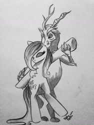 Size: 1536x2048 | Tagged: safe, artist:noelle914, discord, fluttershy, pegasus, pony, monochrome, traditional art