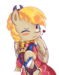 Size: 600x767 | Tagged: safe, artist:walthooves, derpy hooves, pegasus, pony, blushing, braid, clothes, dress, female, heart, mare, queen of hearts, solo, wink