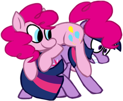 Size: 500x412 | Tagged: safe, artist:ghost, derpibooru import, pinkie pie, twilight sparkle, earth pony, pony, unicorn, duo, ponies riding ponies, simple background, smiling, white background