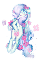 Size: 599x900 | Tagged: safe, artist:mewball, fluttershy, pegasus, pony, blushing, flower, hair over one eye, solo, strategically covered