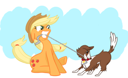 Size: 1038x635 | Tagged: safe, artist:shoutingisfun, applejack, winona, earth pony, pony, mouth hold, rope, tug of war