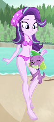 Size: 632x1409 | Tagged: safe, alternate version, artist:charliexe, spike, spike the regular dog, starlight glimmer, dog, equestria girls, barefoot, beach, beanie, belly button, bikini, breasts, clothes, collar, cutie mark on clothes, duo, eyes closed, feet, forest, hat, hug, leg hug, male, sand, shipping, sky, smiling, sparlight, stick, straight, swimsuit, tree, water