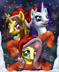 Size: 2800x3400 | Tagged: safe, artist:mekamaned, fluttershy, rarity, oc, pegasus, pony, unicorn, christmas, hat, santa hat, snow, snowfall