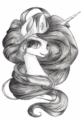 Size: 2303x3439 | Tagged: safe, artist:katputze, artist:saucey4, princess celestia, alicorn, pony, eyeliner, grayscale, makeup, monochrome, smiling, solo