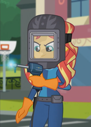 Size: 775x1080 | Tagged: safe, screencap, sunset shimmer, eqg summertime shorts, equestria girls, get the show on the road, solo, sunset welder, welding, welding mask