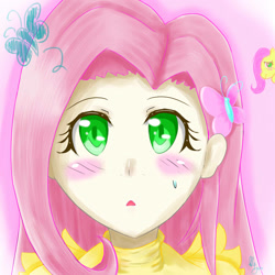 Size: 1300x1300 | Tagged: safe, artist:moyashikko_xd, fluttershy, human, blushing, human ponidox, humanized, light skin, pixiv, solo