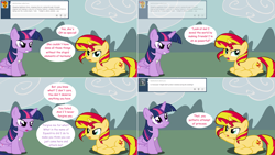 Size: 2564x1444 | Tagged: safe, artist:hakunohamikage, sunset shimmer, twilight sparkle, twilight sparkle (alicorn), alicorn, pony, angry, ask, ask-princesssparkle, prone, tumblr, vector