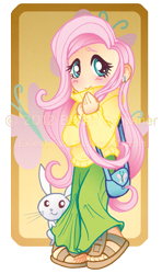 Size: 639x1080 | Tagged: safe, artist:exiledchaos, angel bunny, fluttershy, human, rabbit, blushing, chibi, clothes, handbag, humanized, light skin, long skirt, sandals, shy, skirt, solo, sweater, sweatershy, watermark