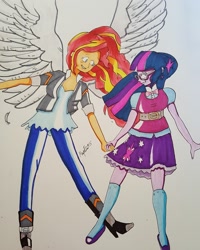 Size: 1280x1602 | Tagged: safe, artist:missmayaleanne, sci-twi, sunset shimmer, twilight sparkle, angel, pony, equestria girls, female, holding hands, implied shipping, lesbian, scitwishimmer, shipping, sunsetsparkle, wings