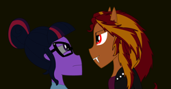 Size: 3440x1800 | Tagged: safe, artist:dshadow101, sci-twi, sunset shimmer, twilight sparkle, vampire, equestria girls, black background, fanfic, fanfic art, fangs, female, lesbian, looking at each other, scitwishimmer, shipping, simple background, sunsetsparkle