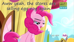 Size: 1000x563 | Tagged: safe, pinkie pie, earth pony, pony, pinkie pride, bedroom eyes, eggnog, hub logo, insane pony thread, solo, windswept mane