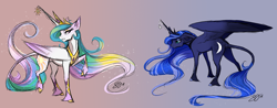 Size: 1024x402 | Tagged: dead source, safe, artist:probablyfakeblonde, princess celestia, princess luna, alicorn, classical unicorn, pony, bedroom eyes, bored, cloven hooves, floppy ears, fluffy, frown, gradient background, gritted teeth, horn jewelry, jewelry, leonine tail, long mane, looking at you, open mouth, raised hoof, raised leg, realistic horse legs, spread wings, unshorn fetlocks