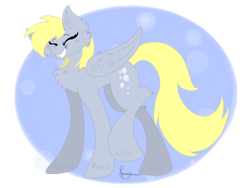 Size: 1024x768 | Tagged: safe, artist:howlingnightmare, derpy hooves, pegasus, pony, blushing, eyes closed, female, fluffy, grin, mare, solo