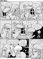 Size: 944x1294 | Tagged: safe, artist:capnpea, apple bloom, applejack, earth pony, pony, comic:three apples, clubhouse, comic, crusaders clubhouse, duo, duo female, female, filly, mare, monochrome, night