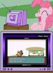 Size: 562x770 | Tagged: safe, pinkie pie, earth pony, pony, chuggaaconroy, exploitable meme, laughing, meme, obligatory pony, pokémon, pokémon emerald, pokémon ruby and sapphire, tv meme, zigzagoon