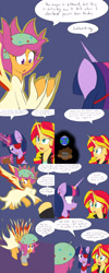 Size: 1600x4000 | Tagged: safe, artist:jake heritagu, scootaloo, sunset shimmer, twilight sparkle, twilight sparkle (alicorn), alicorn, pony, comic:ask motherly scootaloo, equestria girls, aura, clothes, comic, daydream shimmer, dress, eyepatch, fiery wings, fire, motherly scootaloo, planet, ring, sweatshirt, tartarus, wedding ring