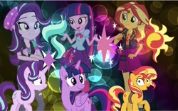 Size: 2048x1284 | Tagged: safe, editor:php77, starlight glimmer, sunset shimmer, twilight sparkle, twilight sparkle (alicorn), alicorn, pony, unicorn, better together, equestria girls, mirror magic, spoiler:eqg specials, female, geode of empathy, human ponidox, magical trio, mare, self ponidox, sts trinity