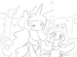 Size: 750x559 | Tagged: safe, artist:ende26, princess celestia, princess luna, alicorn, pony, cute, filly, happy, monochrome, open mouth, sketch, tumblr, woona, woona knight