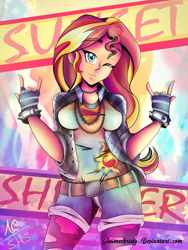 Size: 1024x1365 | Tagged: safe, artist:animechristy, sunset shimmer, equestria girls, belt, chains, clothes, cutie mark, devil horn (gesture), fingerless gloves, gloves, grunge, jacket, looking at you, necklace, one eye closed, shirt, shorts, smiling, solo, updated, wink