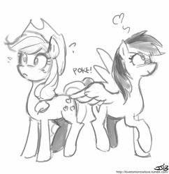 Size: 833x862 | Tagged: safe, artist:johnjoseco, derpibooru import, applejack, rainbow dash, earth pony, pegasus, pony, appledash, butt touch, feathermarking, female, grayscale, lesbian, monochrome, never doubt tchernobog's involvement, shipping