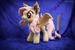 Size: 1280x850 | Tagged: safe, artist:pheiplushies, fluttershy, bat pony, pony, bats!, flutterbat, irl, knife, photo, plushie, race swap