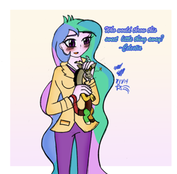 Size: 2396x2352 | Tagged: safe, artist:garfield141992, discord, princess celestia, principal celestia, equestria girls, blushing, dislestia, female, male, plushie, shipping, solo, straight