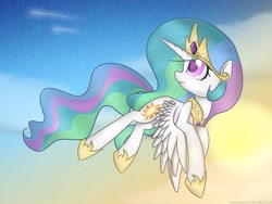 Size: 2048x1536 | Tagged: safe, artist:bumblebeemlp, princess celestia, alicorn, pony, flying, looking back, shooting star, shooting stars, solo