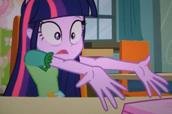 Size: 1008x664 | Tagged: safe, derpibooru import, screencap, twilight sparkle, equestria girls, equestria girls (movie), disguise, hand, incomplete twilight strong, solo