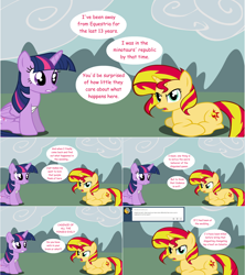 Size: 1284x1444 | Tagged: safe, artist:hakunohamikage, sunset shimmer, twilight sparkle, twilight sparkle (alicorn), alicorn, pony, angry, ask, ask-princesssparkle, bandage, prone, tumblr, vector