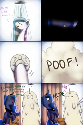 Size: 2410x3620 | Tagged: safe, artist:anticular, princess celestia, princess luna, alicorn, pony, ask sunshine and moonbeams, comic, duo, duo female, female, flour, fly me to the moon, mare, nope, prank, shower, tumblr, wet, wet mane