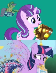 Size: 1136x1478 | Tagged: safe, artist:ponylover88, starlight glimmer, twilight sparkle, twilight sparkle (alicorn), alicorn, pony, unicorn, abuse, avengers: infinity war, disintegration, exploitable meme, glimmerposting, gulaged, i don't feel so good, imminent death, infinity gauntlet, infinity war, meme, spoilers for another series, this will end in communism, twilybuse, xk-class end-of-the-world scenario