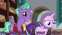 Size: 1280x720 | Tagged: safe, edit, edited screencap, screencap, firelight, starlight glimmer, pony, unicorn, the parent map, belittling, blanket, book, father and child, father and daughter, female, headscarf, image macro, male, meme, parent and child, scarf