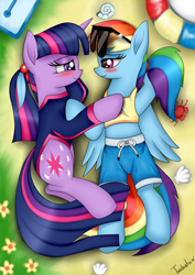 Size: 2480x3507 | Tagged: safe, artist:twidasher, derpibooru import, rainbow dash, twilight sparkle, unicorn twilight, pegasus, pony, unicorn, blushing, board shorts, clothes, eye contact, feather, female, lesbian, looking at each other, mare, shipping, shorts, sports shorts, sunglasses, tanktop, twidash