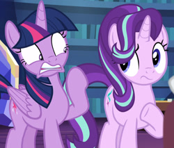 Size: 1154x983 | Tagged: safe, screencap, starlight glimmer, twilight sparkle, twilight sparkle (alicorn), alicorn, pony, unicorn, it isn't the mane thing about you, cropped, female, hoof gesture, mare