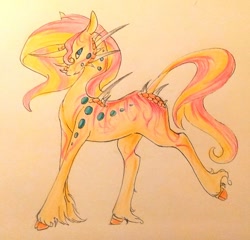 Size: 1024x981 | Tagged: safe, artist:oneiria-fylakas, sunset shimmer, original species, pony, curved horn, skall, solo, species swap, traditional art