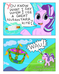 Size: 1600x2000 | Tagged: safe, artist:thedriveintheatre, starlight glimmer, pony, unicorn, asia, brunei, bulan wau kite, comic, dialogue, female, glowing horn, indonesia, kelly sheridan, kite, kite flying, malay, malaysia, mare, meme, pun, singapore, solo, southeast asia, thailand, that pony sure does love kites, wau, wow! glimmer