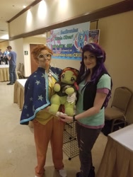 Size: 1536x2048 | Tagged: safe, starlight glimmer, sunburst, tree hugger, human, clothes, cosplay, costume, everfree northwest, irl, irl human, photo, plushie, smiling