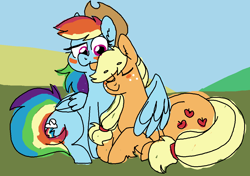 Size: 1155x815 | Tagged: safe, artist:/d/non, derpibooru import, applejack, rainbow dash, earth pony, pegasus, pony, appledash, applejack's hat, blushing, cowboy hat, duo, eyes closed, female, hat, hug, lesbian, looking down, lying down, mare, shipping, sitting, winghug