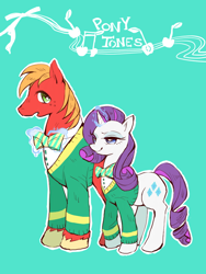 Size: 600x800 | Tagged: safe, artist:wan, big macintosh, rarity, earth pony, pony, unicorn, filli vanilli, male, ponytones outfit, stallion